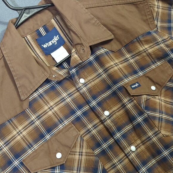Wrangler Shirt Men's XL Brown Plaid Snap Button Brushpopper Western - Picture 1 of 10